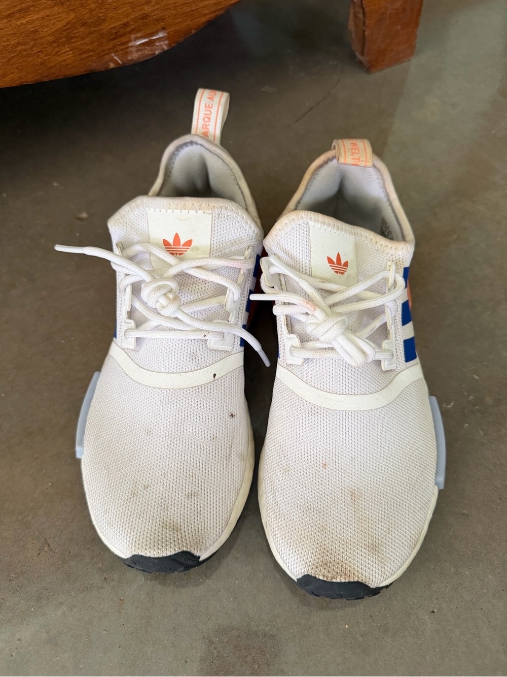 adidas White Sneakers with Blue Stripes and Orange Logo Accents